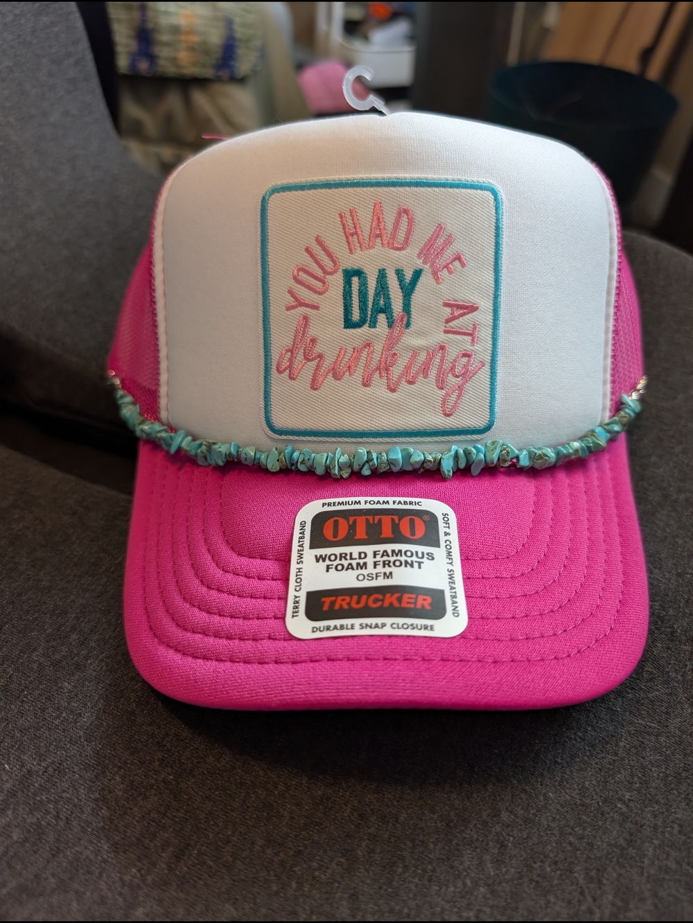 Pink & White Trucker Hat — "You Had Me at Day Drinking"